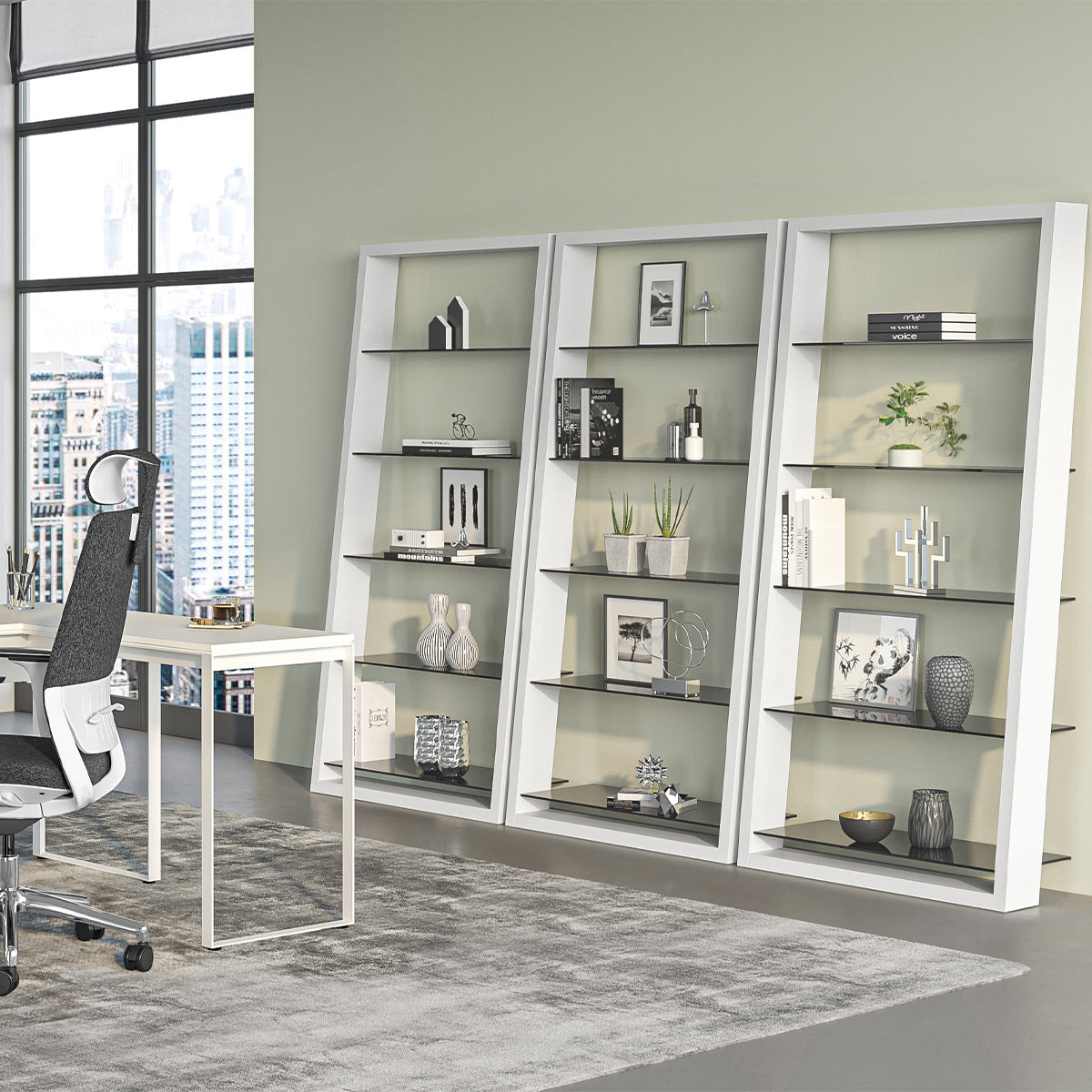 BDI Eileen 2.0 5166 Leaning Shelf with Grey-Tinted Glass Shelves (Satin White)
