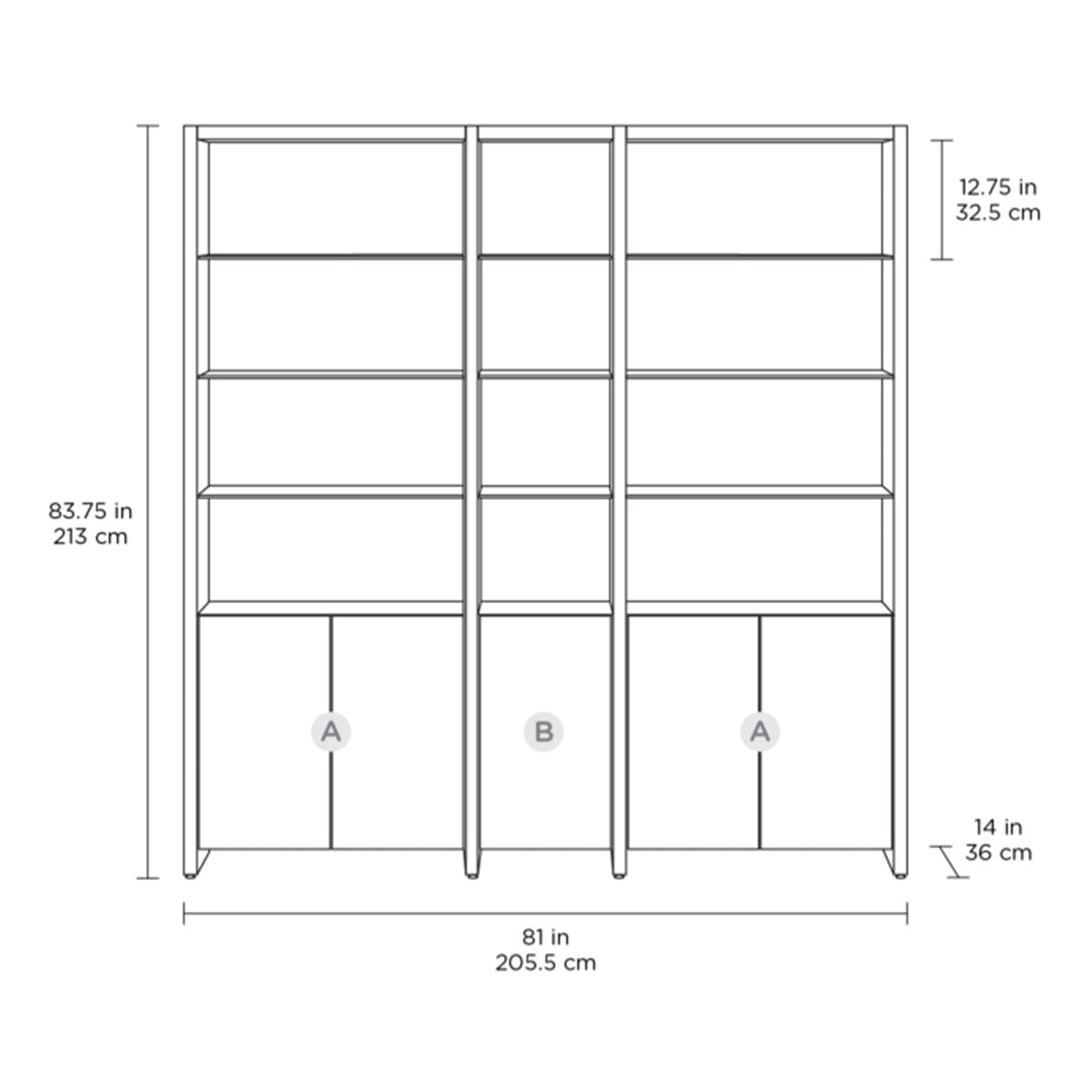 BDI Linea 580212 3-Shelf System 81" Wide (Charcoal Stained Ash)