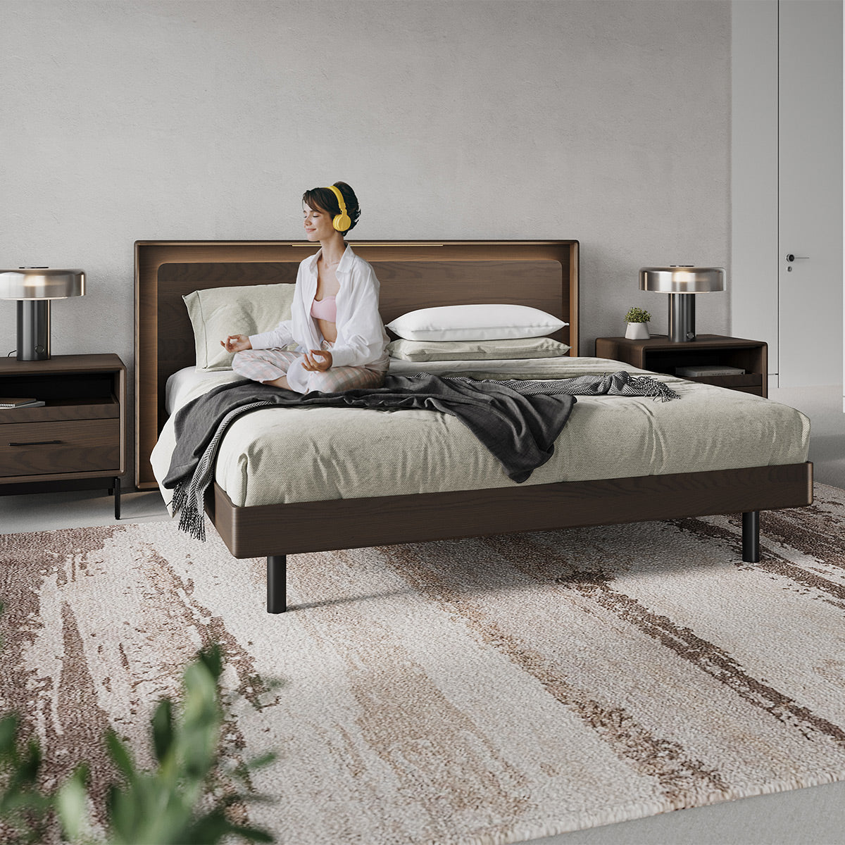 BDI Up-LINQ 9119 King Size Bed with Dual-Level Headboard, Dimmable Accent Lighting, and Integrated Power Stations (Toasted Oak)