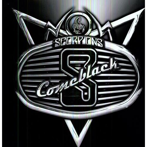 Black vinyl record sleeve with a chrome emblem featuring a scorpion and stylized text