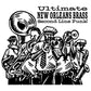 Black and white illustration of a brass band playing tuba, trumpet, and saxophone