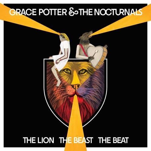 Album cover art featuring a lion's face with a bird and a woman sitting on its head