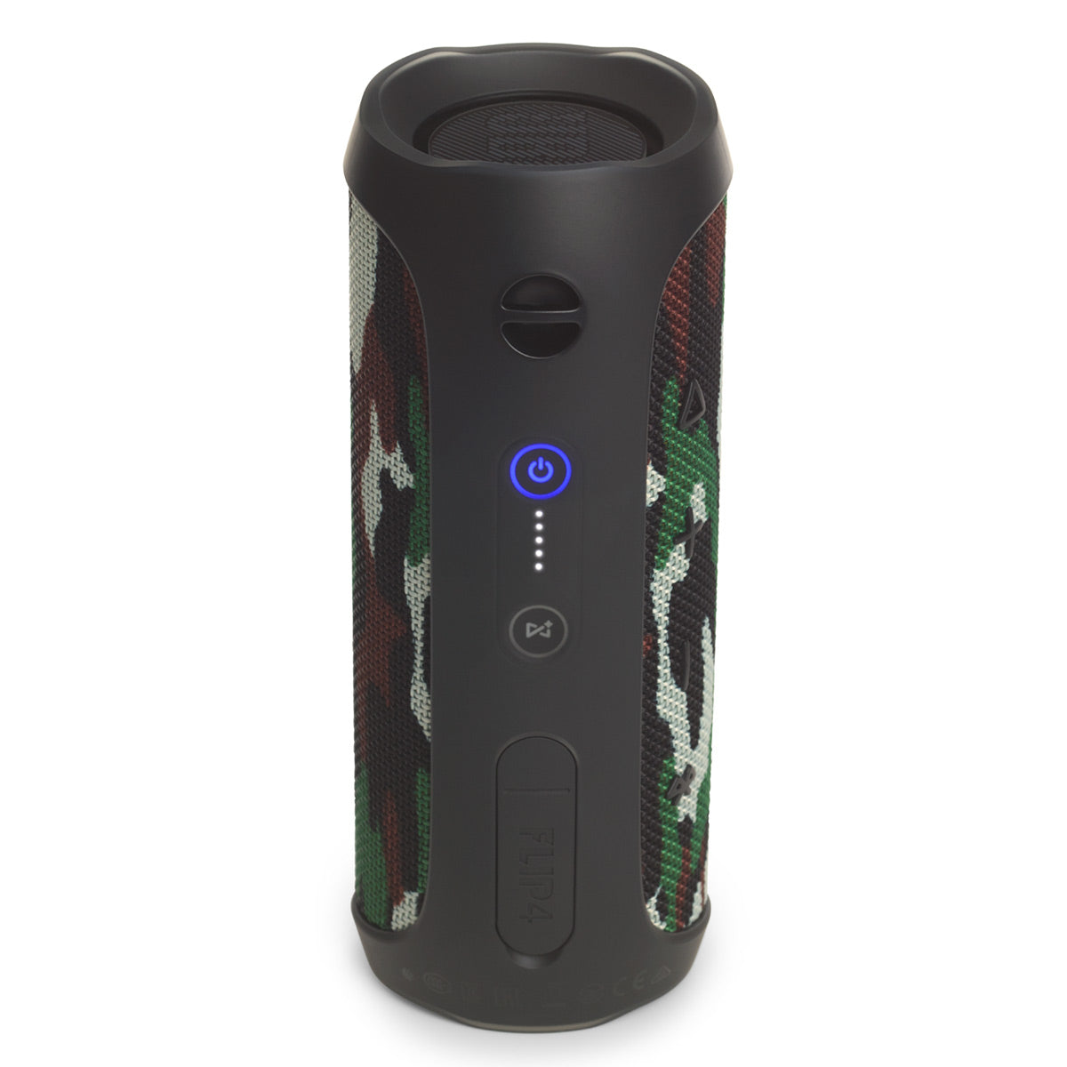 Cylindrical portable speaker with camouflage fabric and black rubberized ends