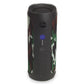 Cylindrical portable speaker with camouflage fabric and black rubberized ends