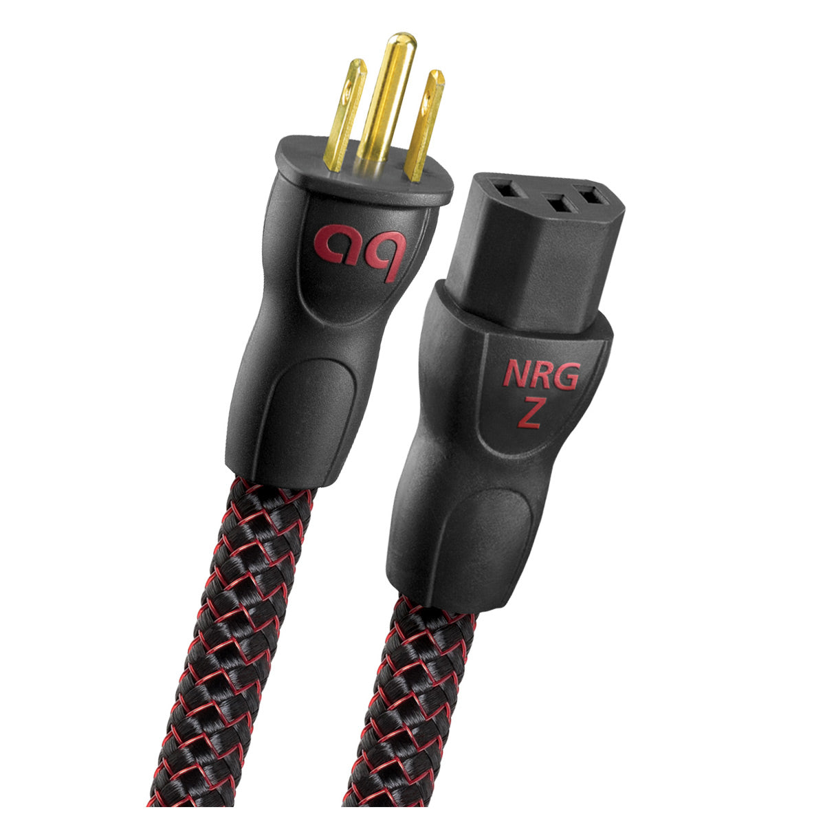 Black and red braided power cable with gold-plated three-prong plug and black IEC connector