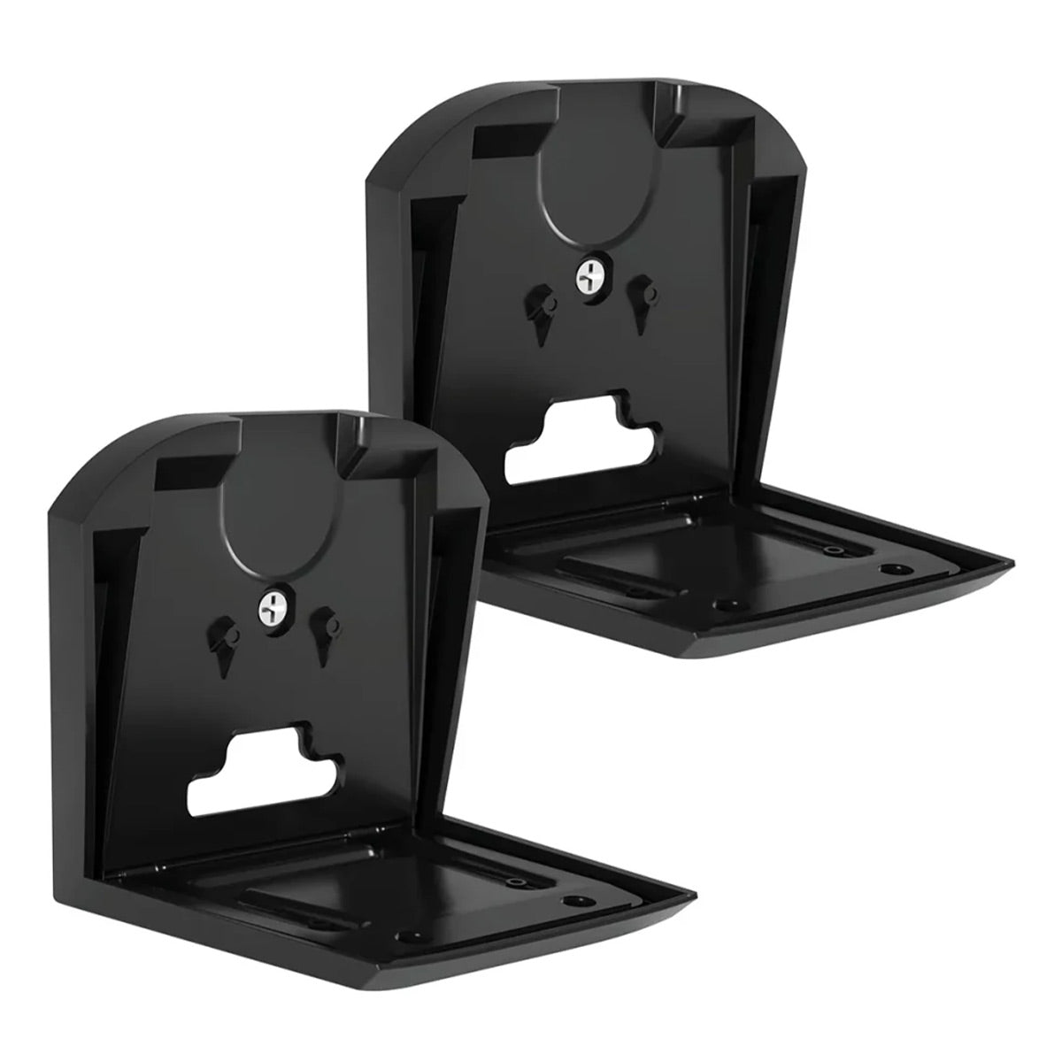 Pair of black metal wall mount brackets with keyhole slots and cable management cutouts