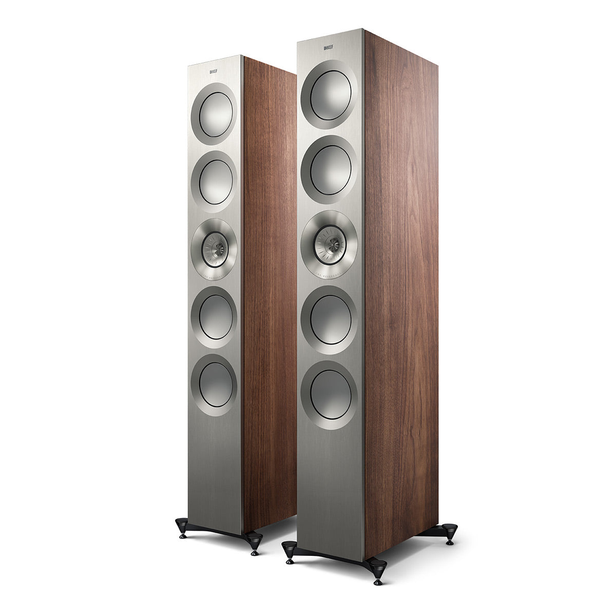 Pair of floorstanding speakers with satin walnut cabinets and silver front baffles