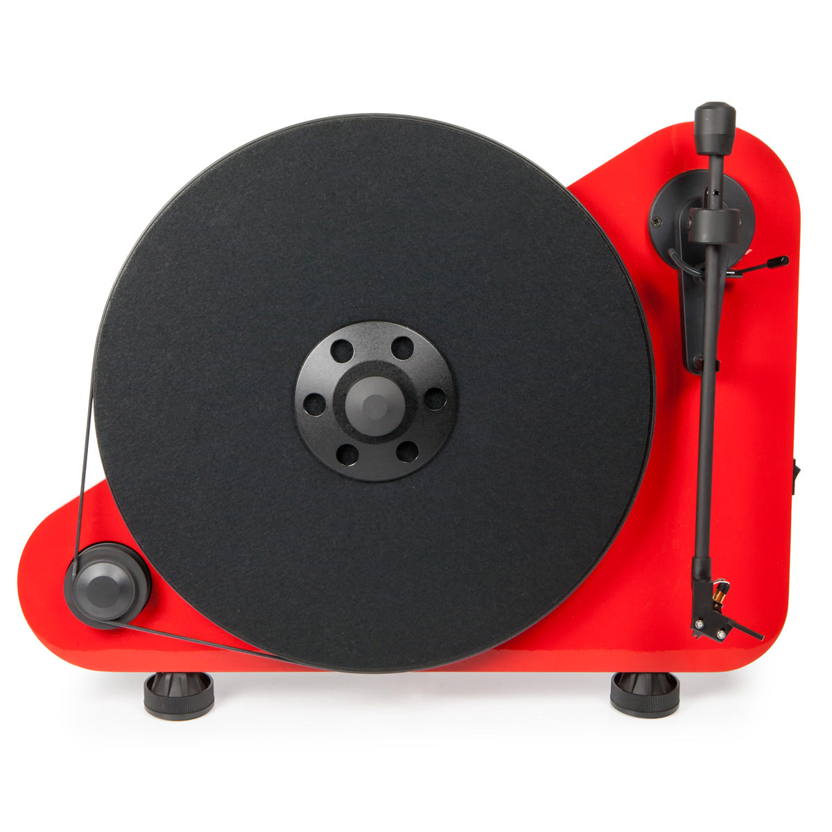 High-gloss red vertical turntable with a black platter and tonearm