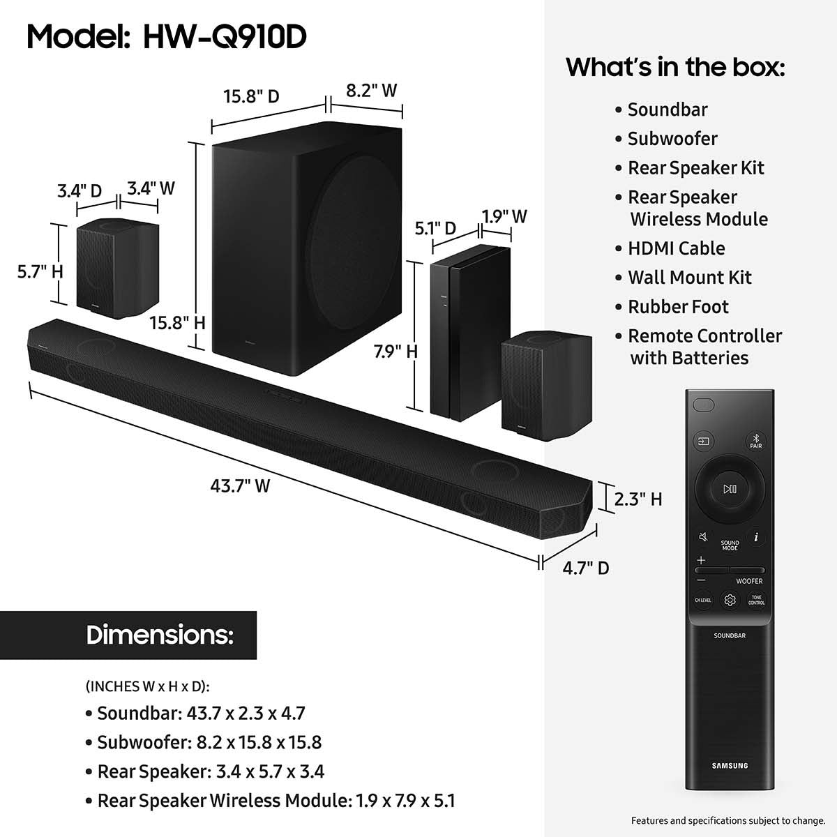 Samsung HW-Q910D 9.1.2-Channel Wireless Dolby Atmos Soundbar with Wireless Surround Speakers & Subwoofer