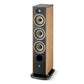 Tall floorstanding speaker with walnut wood sides and a black front baffle
