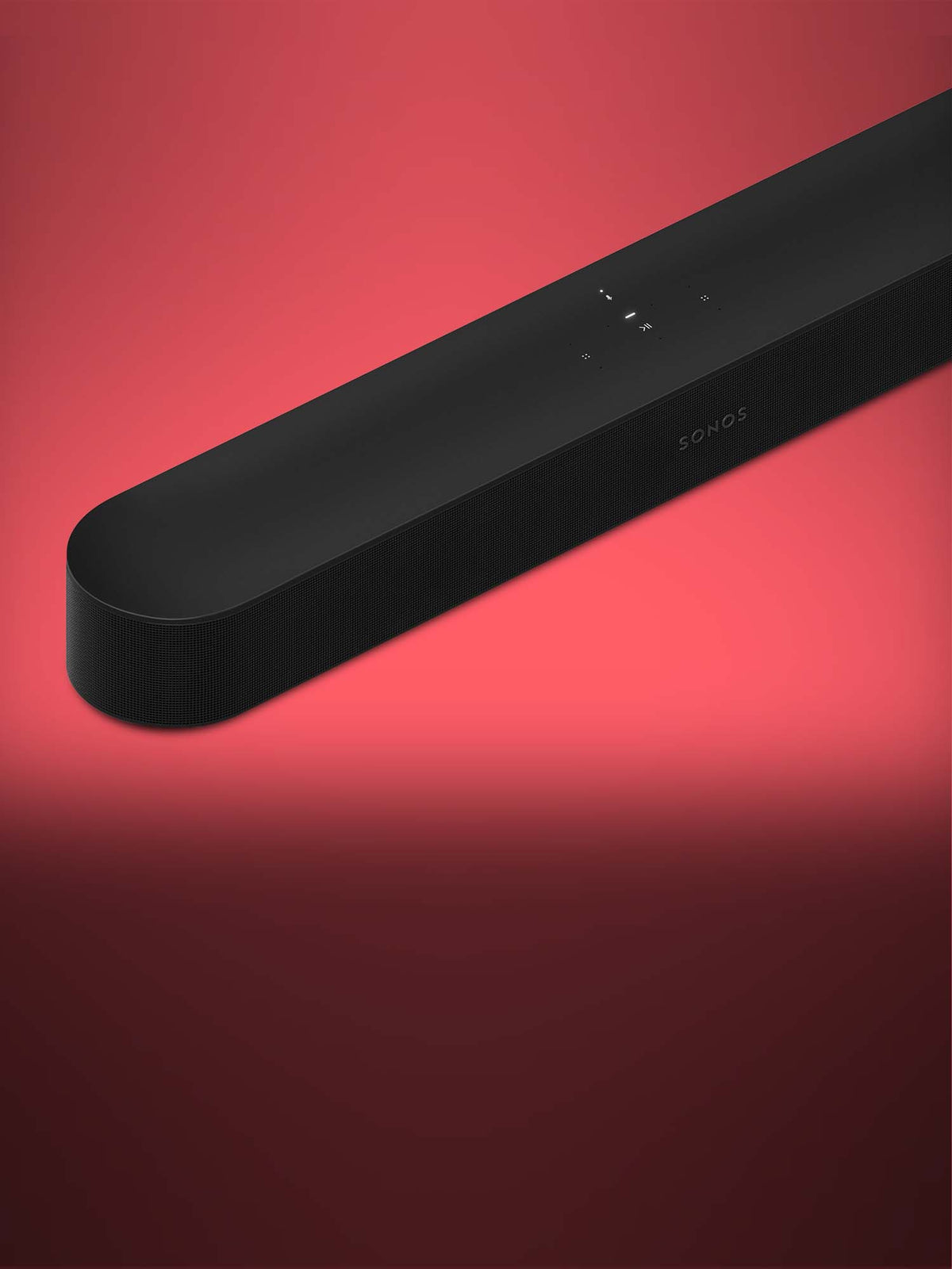 Black Sonos soundbar with perforated grille and touch controls