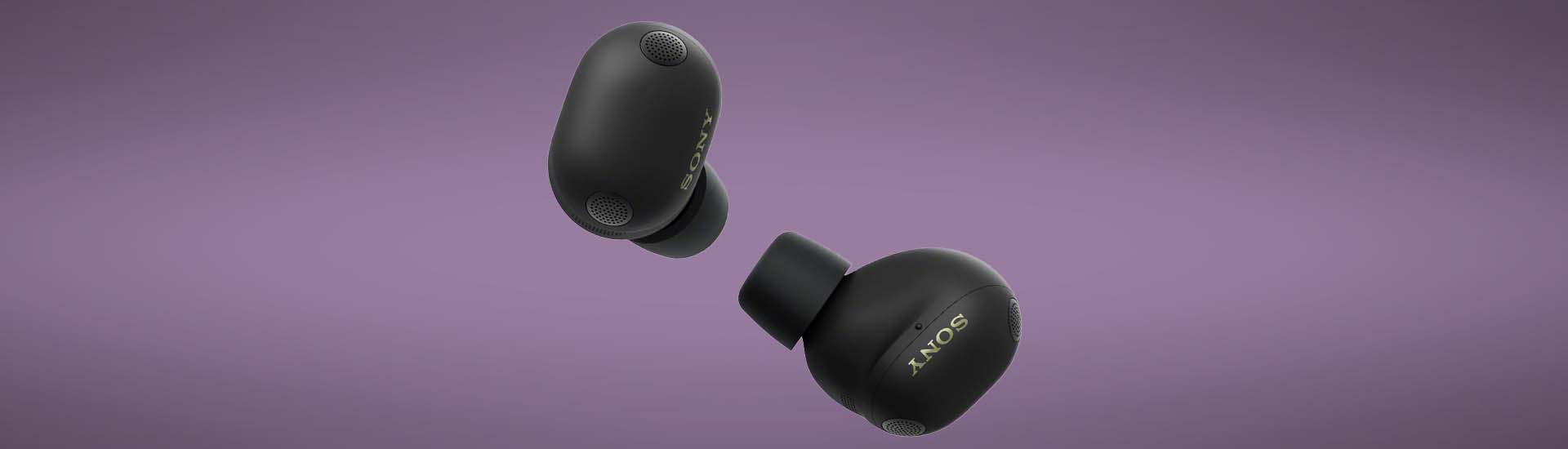 Black Sony wireless earbuds with matte finish and gold-tone branding
