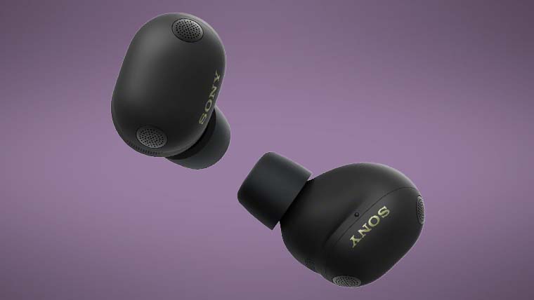 Black Sony wireless earbuds with gold logo and silicone ear tips