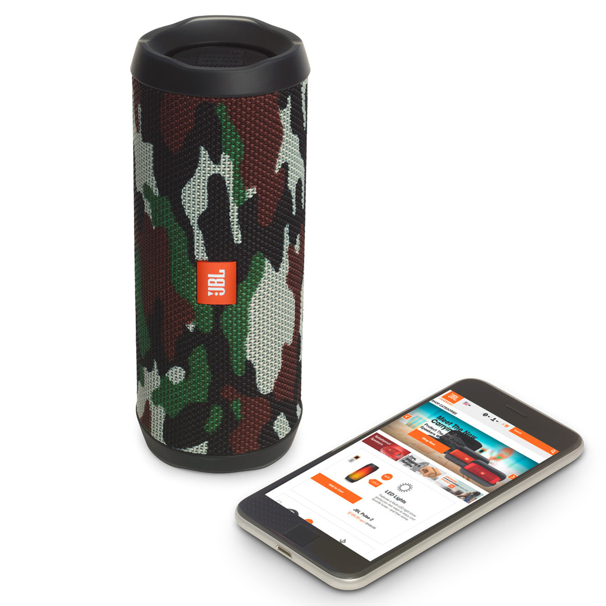 Cylindrical portable speaker with camouflage fabric grille and orange logo