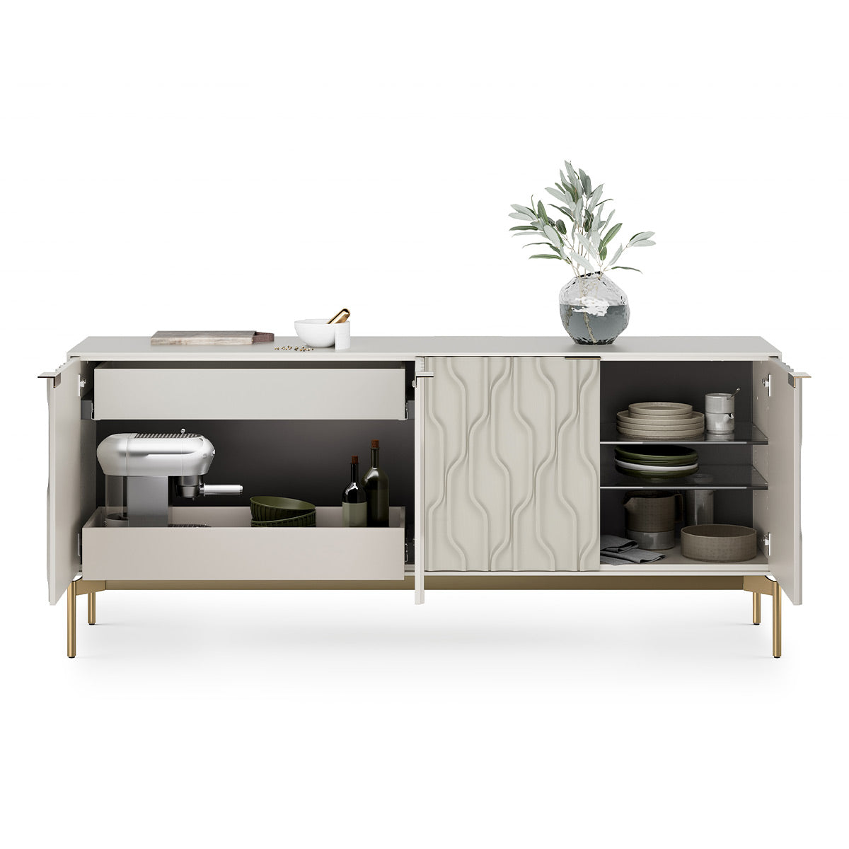 BDI Mesa 7639 4-Door Credenza (Stone with Brass Base)