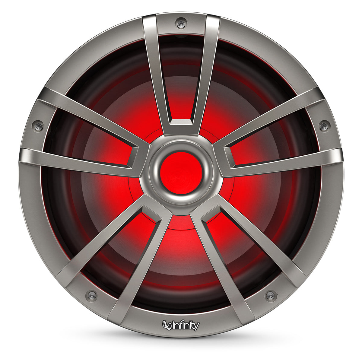 Titanium-finish marine subwoofer with red LED illumination and a multi-spoke protective grille