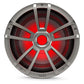 Titanium-finish marine subwoofer with red LED illumination and a multi-spoke protective grille