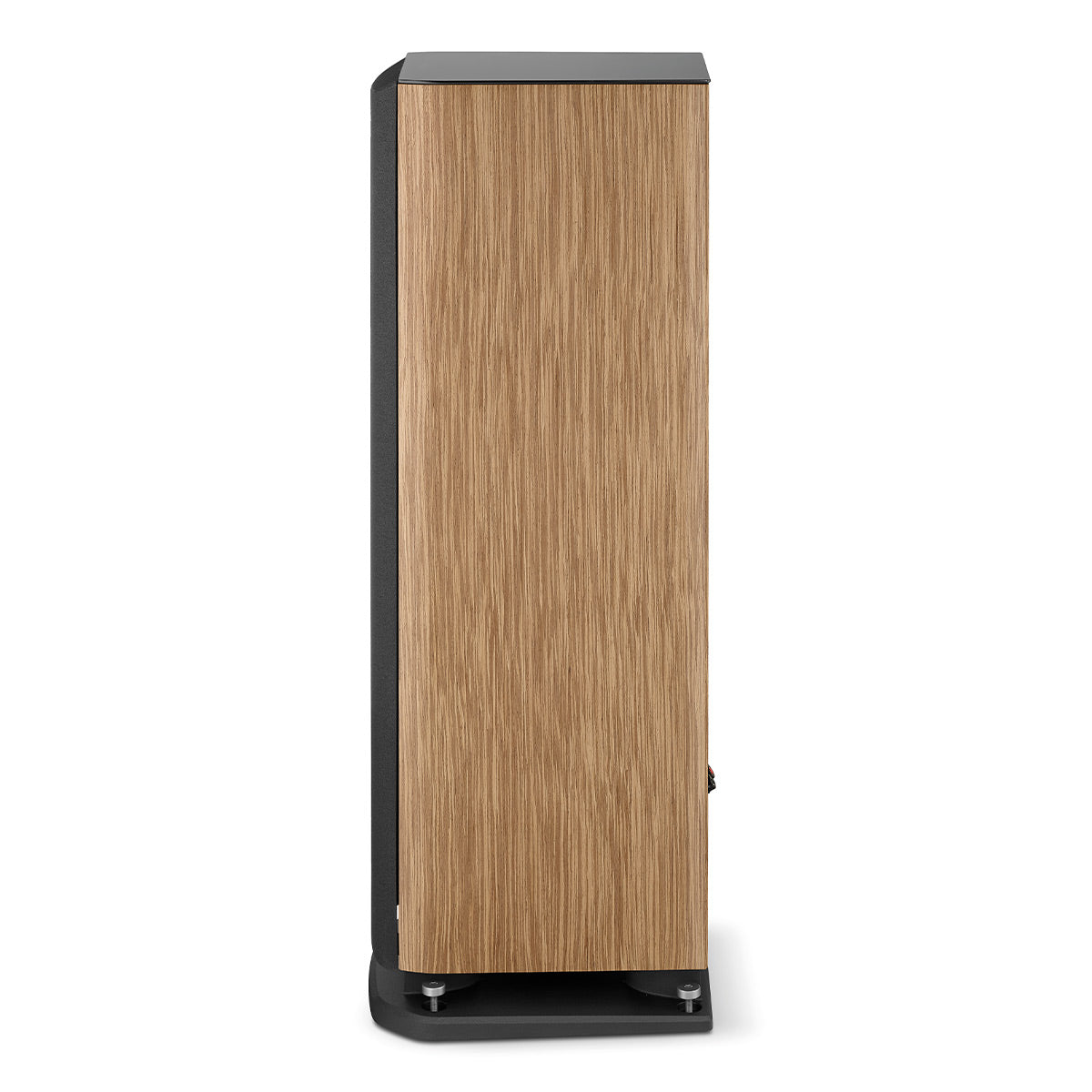 Tall floorstanding speaker with a prime walnut wood veneer cabinet and black base