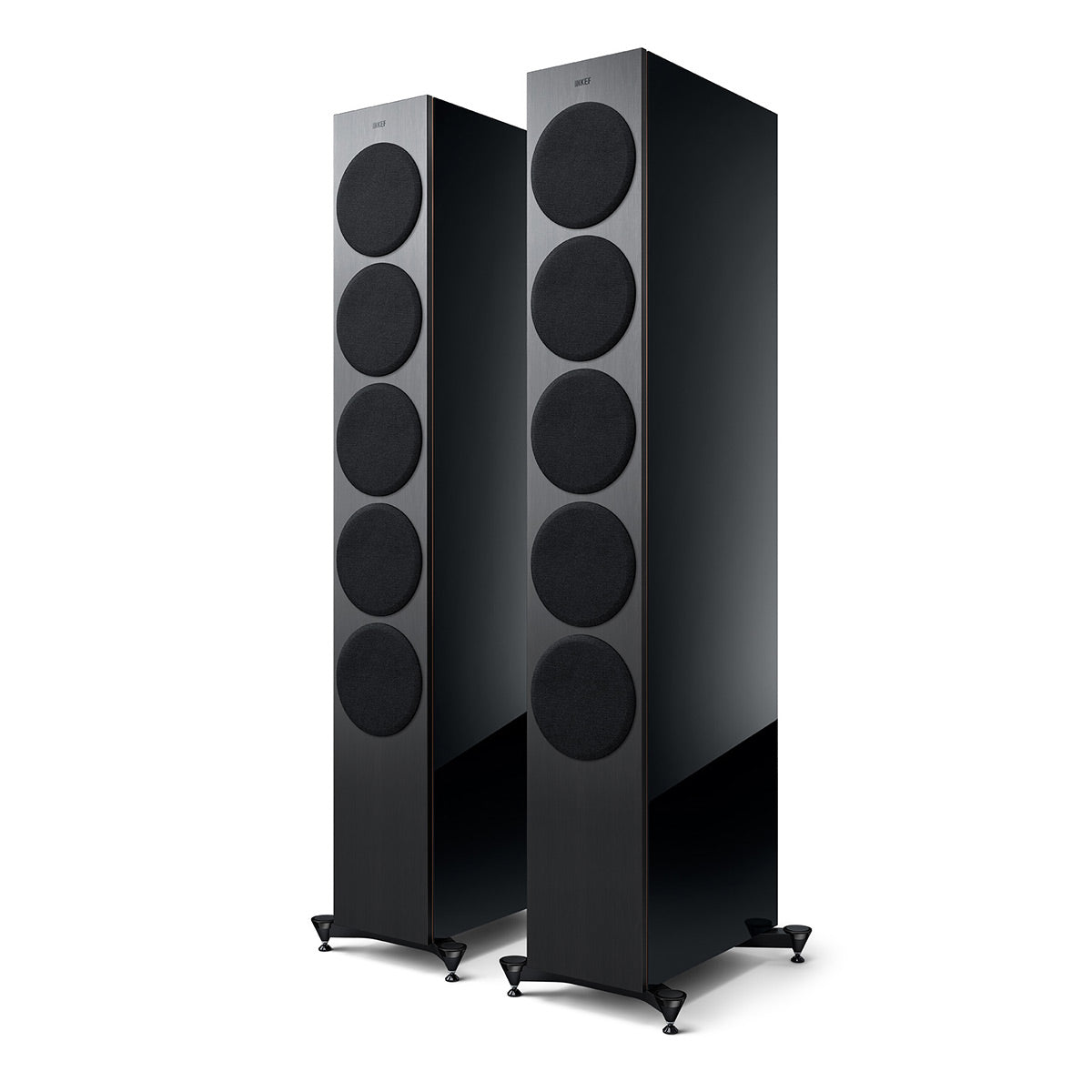 Pair of high-gloss black floorstanding speakers with five circular drivers and spiked feet