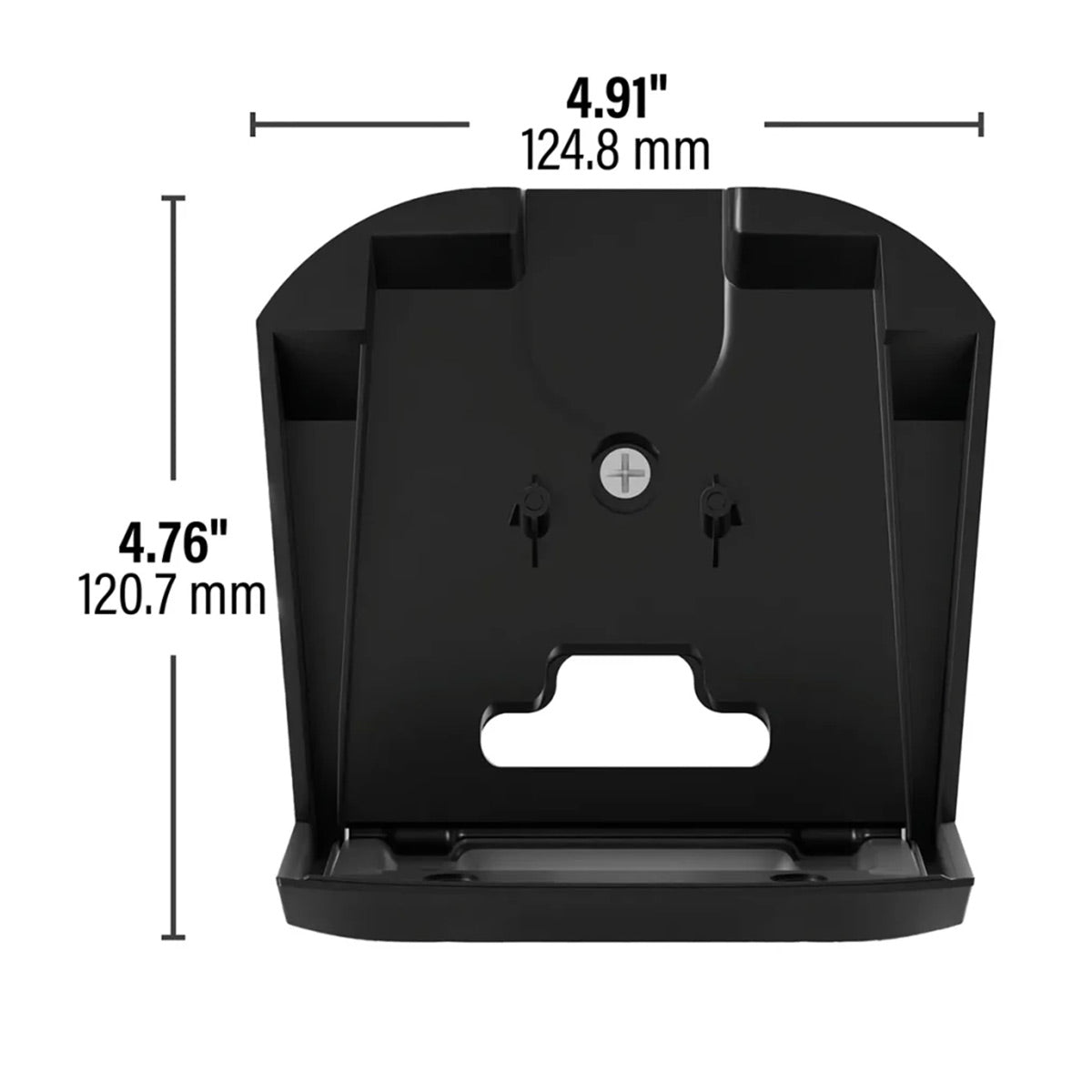 Black plastic wall mount bracket with a central mounting screw and a cable management cutout