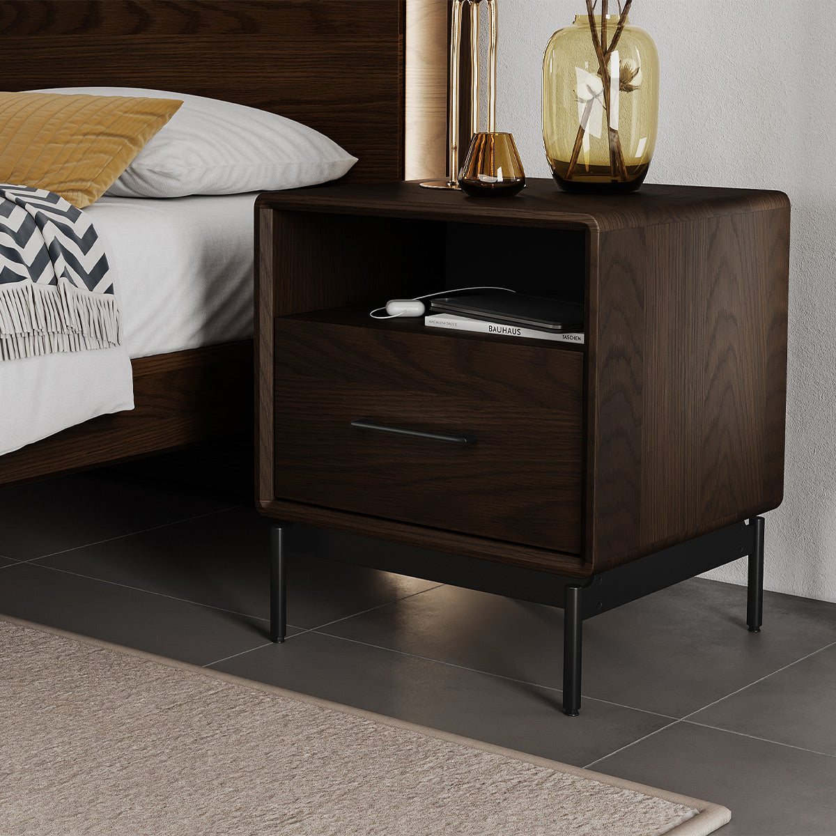 BDI LINQ 9181 22&rdquo; Nightstand with Top Slide and Integrated Power Station (Toasted Oak)