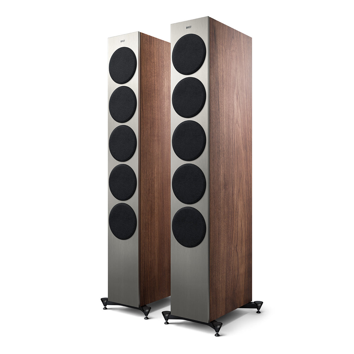 Pair of floorstanding speakers with satin walnut cabinets and silver front baffles featuring five bl