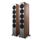 Pair of floorstanding speakers with satin walnut cabinets and silver front baffles featuring five bl