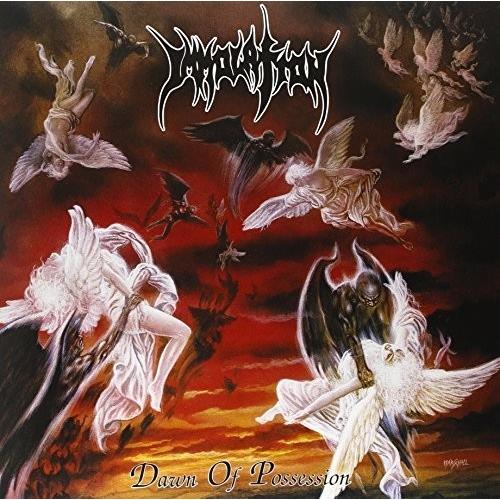 Dark fantasy album cover art featuring falling angels and winged demons against a fiery red sky