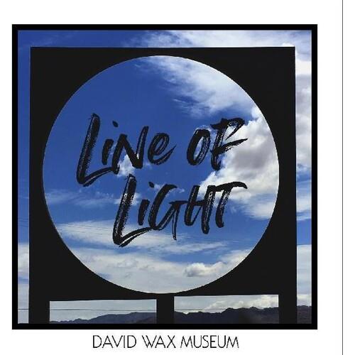 Vinyl LP cover featuring a circular cutout of a blue sky with clouds and handwritten black text