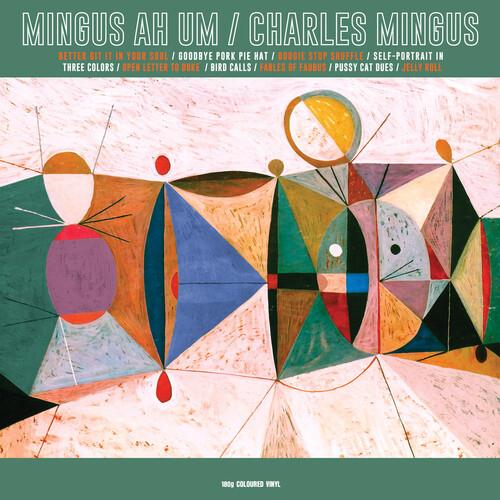 Colorful abstract album cover featuring geometric shapes and figures in muted tones