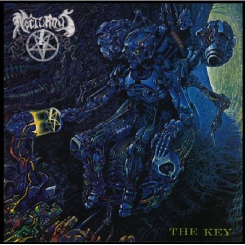 Dark fantasy album cover featuring a blue skeletal cyborg holding a glowing key