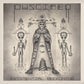 Black and white illustrated album cover featuring a central robed figure flanked by two alien beings