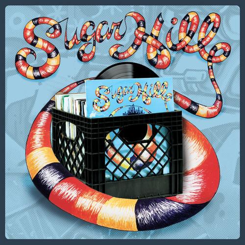 Colorful illustrated snake wrapped around a black milk crate filled with vinyl records