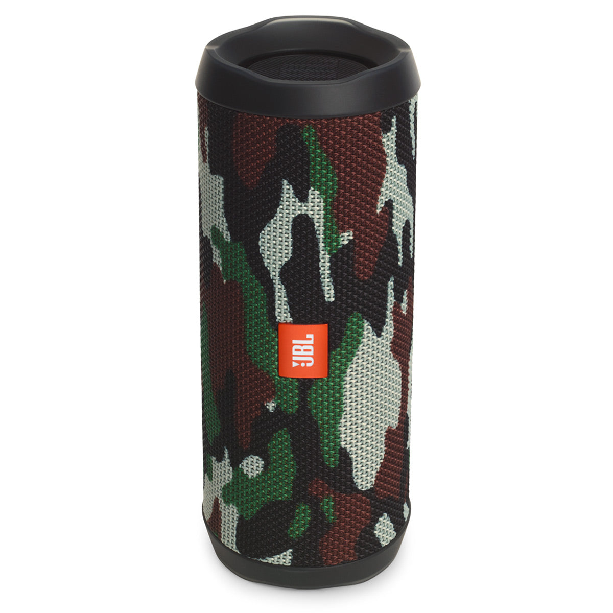 Cylindrical portable speaker with camouflage fabric grille and black rubberized top