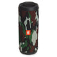Cylindrical portable speaker with camouflage fabric grille and black rubberized top