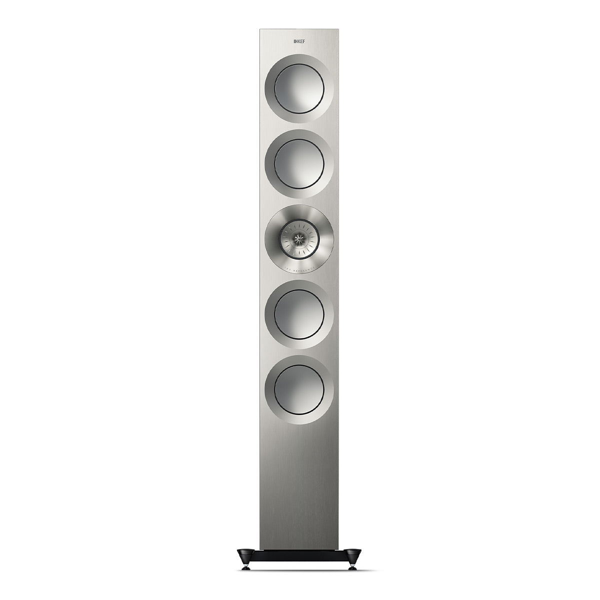 Tall silver floorstanding speaker with five vertically aligned drivers and a black base