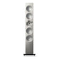 Tall silver floorstanding speaker with five vertically aligned drivers and a black base