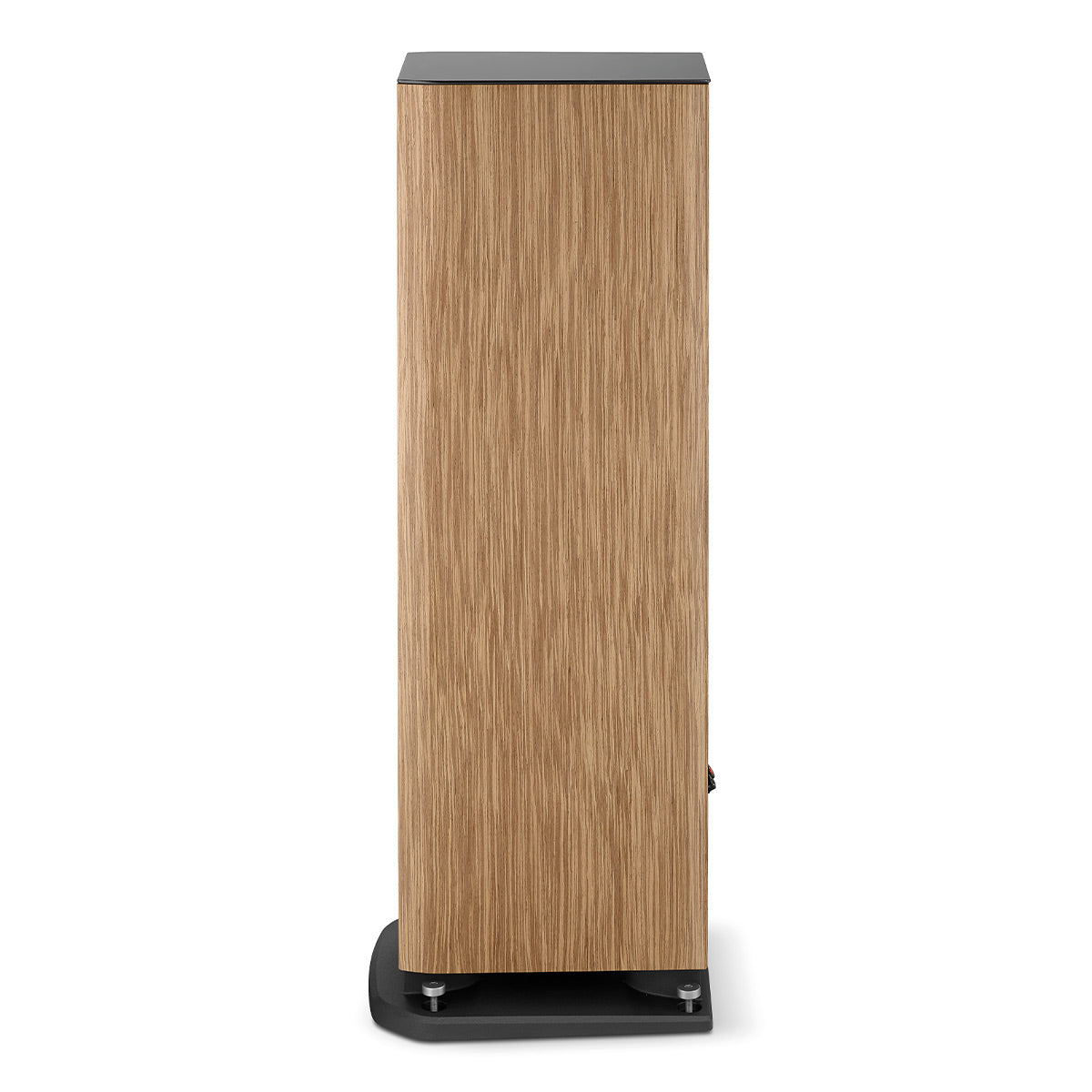 Tall floorstanding speaker with a light wood grain finish and black base