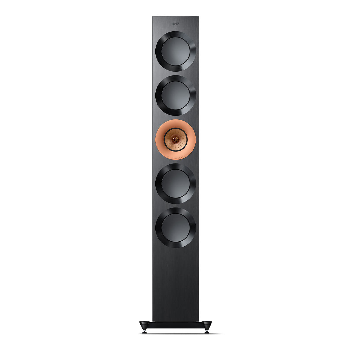 Tall black floorstanding speaker with a copper-colored midrange driver and four black woofers