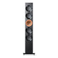 Tall black floorstanding speaker with a copper-colored midrange driver and four black woofers