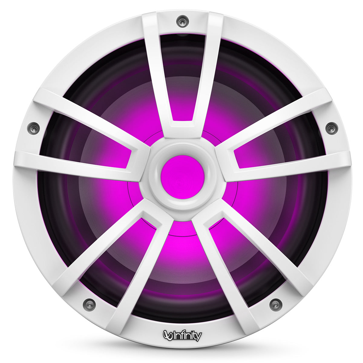 White marine subwoofer with a multi-spoke grille and vibrant purple RGB lighting