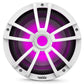 White marine subwoofer with a multi-spoke grille and vibrant purple RGB lighting