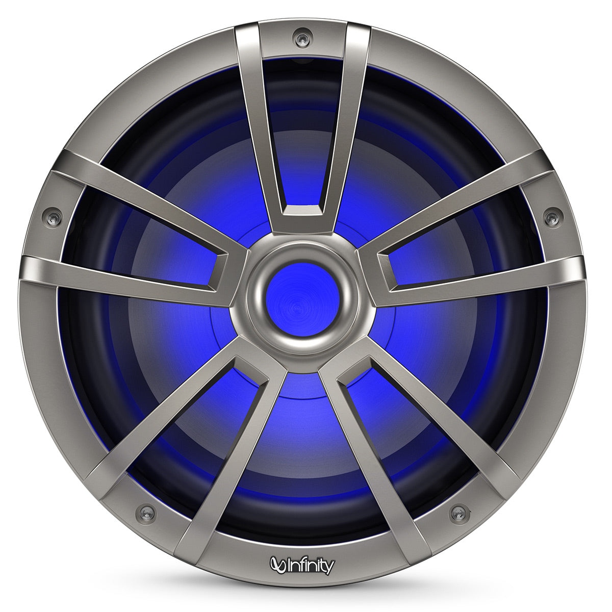 Titanium-finish marine subwoofer with blue RGB lighting and a multi-spoke protective grille