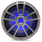 Titanium-finish marine subwoofer with blue RGB lighting and a multi-spoke protective grille