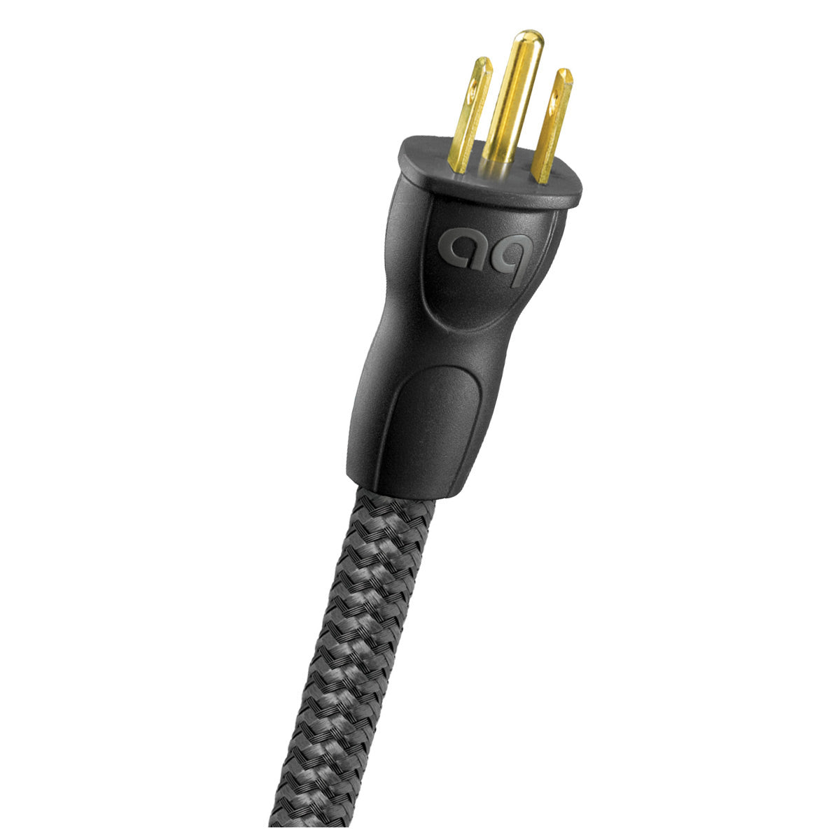 Black braided power cable with gold-plated three-prong plug and embossed logo