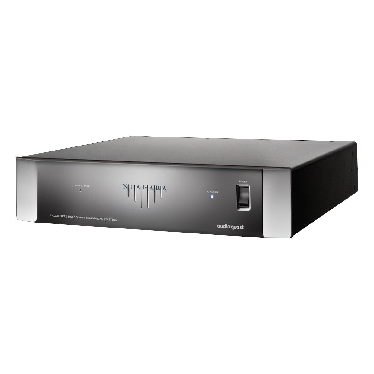 Black and silver power conditioner with front panel power switch and blue LED indicator