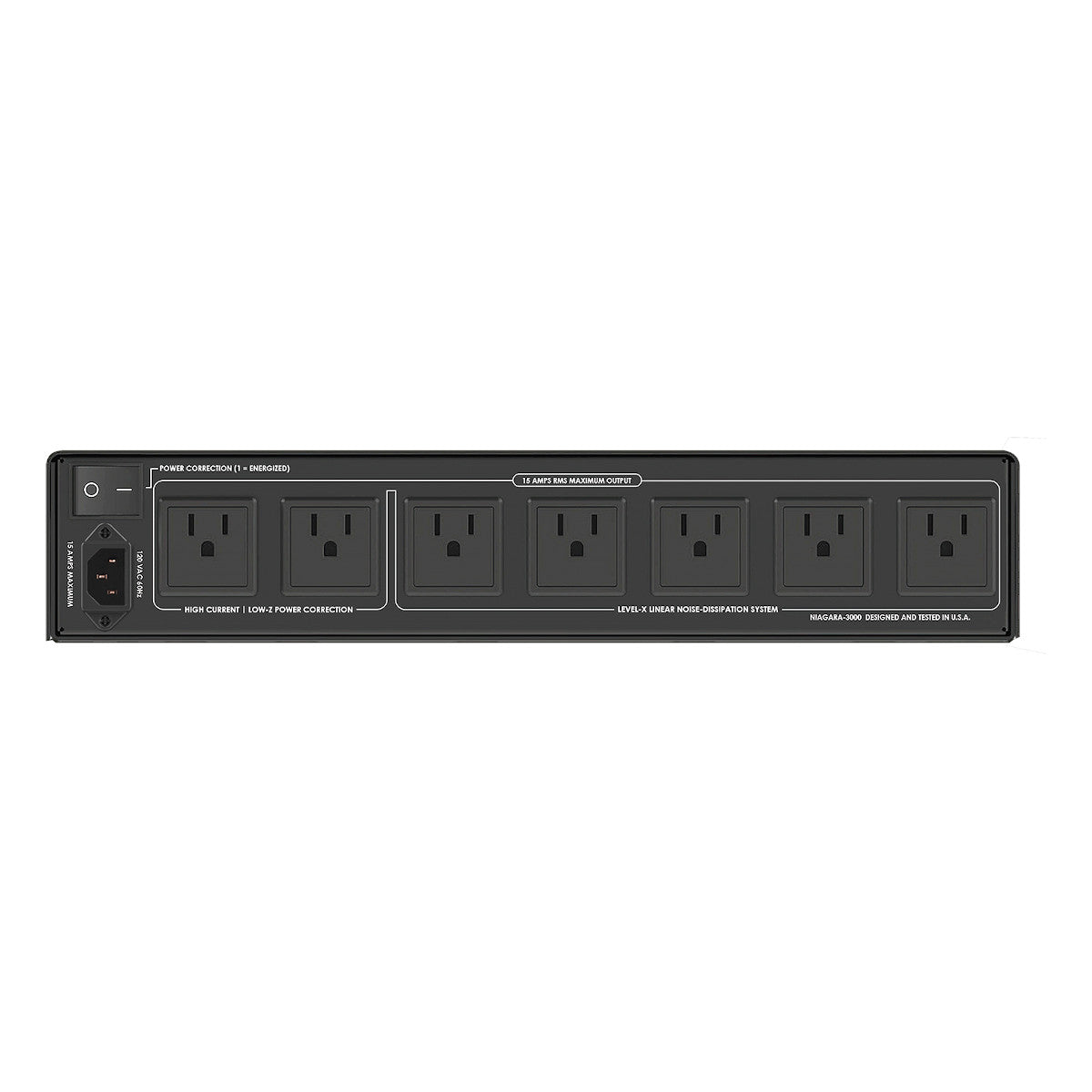 Black power conditioner with seven AC outlets and a power switch