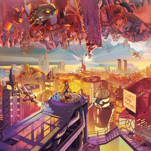 Colorful sci-fi cityscape vinyl record sleeve with futuristic buildings and flying vehicles