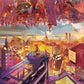 Colorful sci-fi cityscape vinyl record sleeve with futuristic buildings and flying vehicles