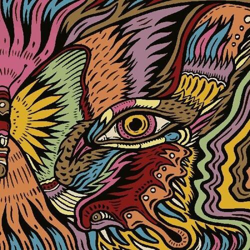 Psychedelic vinyl record sleeve featuring a colorful, stylized illustration of a creature with a lar